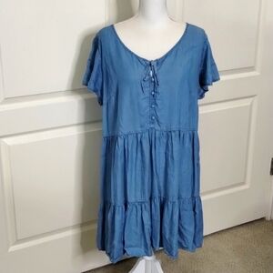 TRUE CRAFT chambray tiered blue dress lightweight size 1X flowy pull-on w/tie